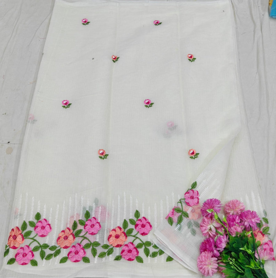 White Kota Saree with pink and orange  floral embriodery