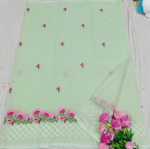 pastel green linen saree