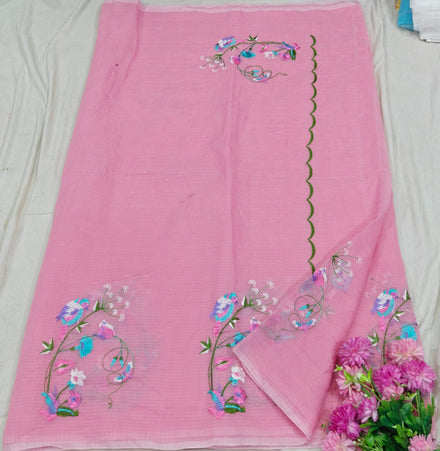 Pastel Pink Kota Saree with bird embriodery