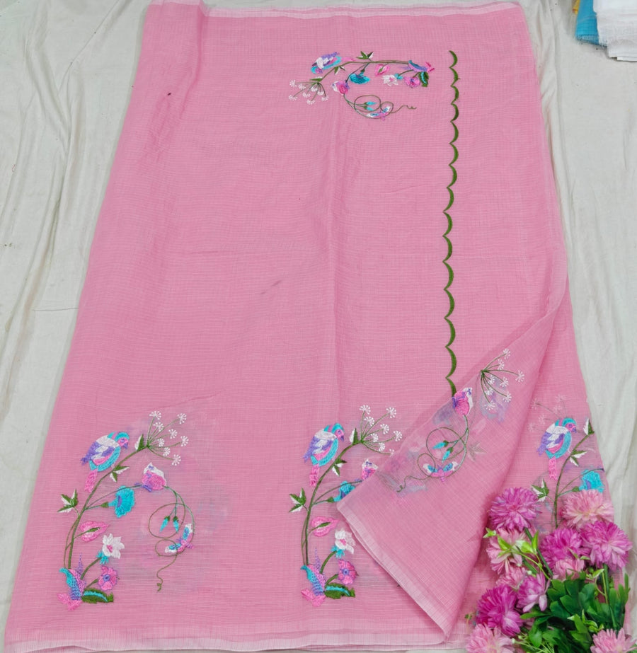 Pastel Pink Kota Saree with bird embriodery